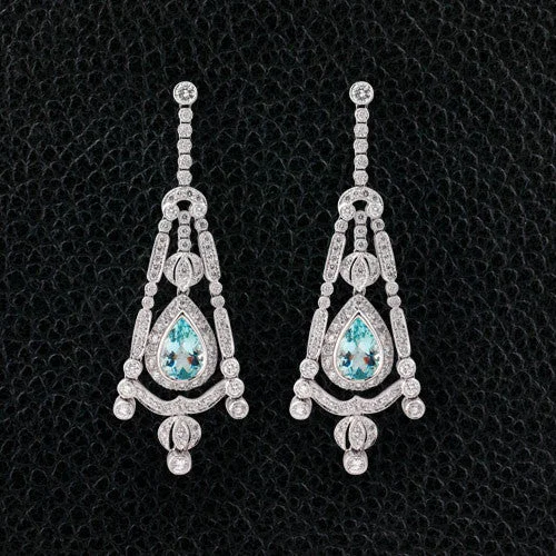 Custom photo dangle earrings for personalized gifts-Aquamarine & Diamond Chandelier Earrings