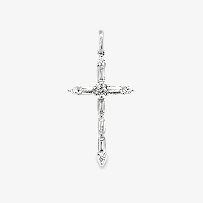 Custom engraved necklaces for personalized gifts-Delicate Baguette & Round Diamond Cross Pendant