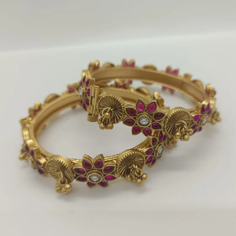 Simple cuff bangles for everyday wear-Sai Raj Pink Stone Gold Plated Bangles Set