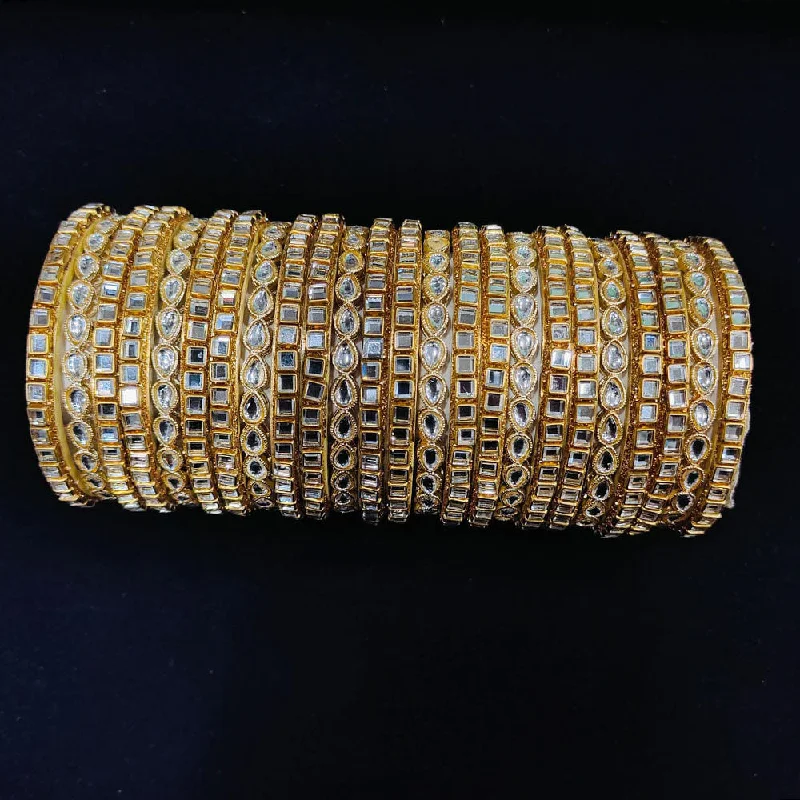 Party wear bangles for festive occasions-Pooja Bangles Gold Plated Kundan Stone And Mirror Bangles Set