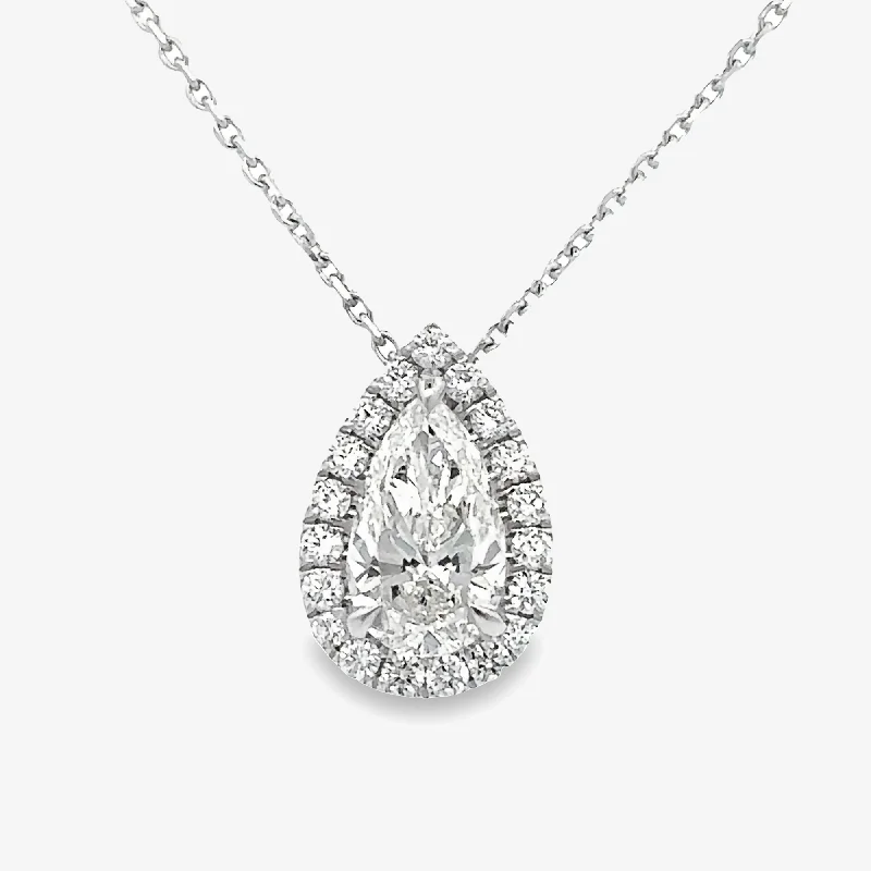 Colored stone necklaces for vibrant accessories-1.29CT Pear Shaped Diamond Halo Necklace