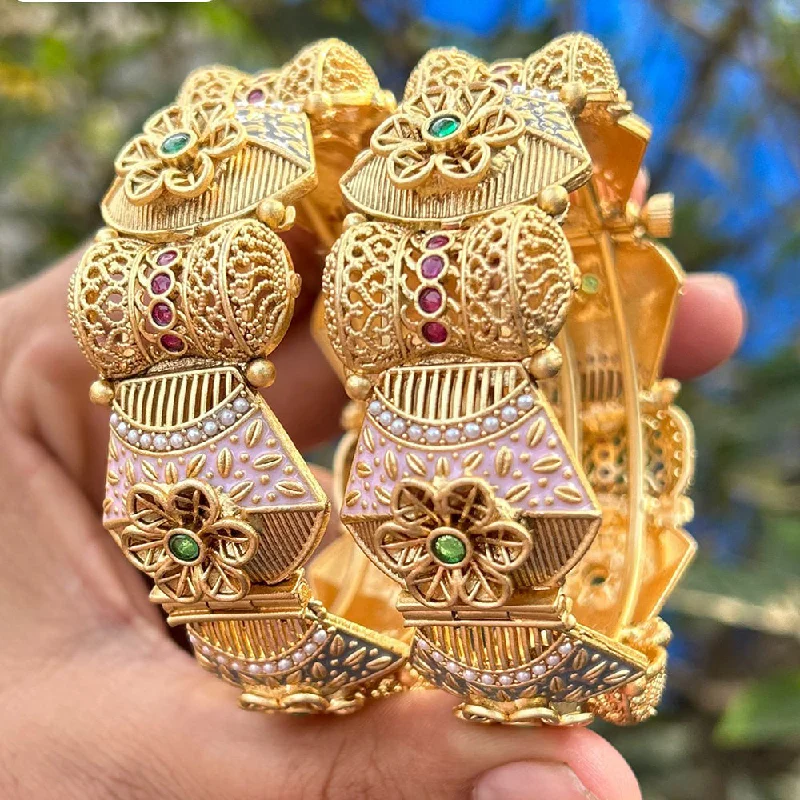 Modern bangle sets for coordinated style-Neetu Art Gold Plated Pota Stone And Pearls Meenakari Openable Bangles Set