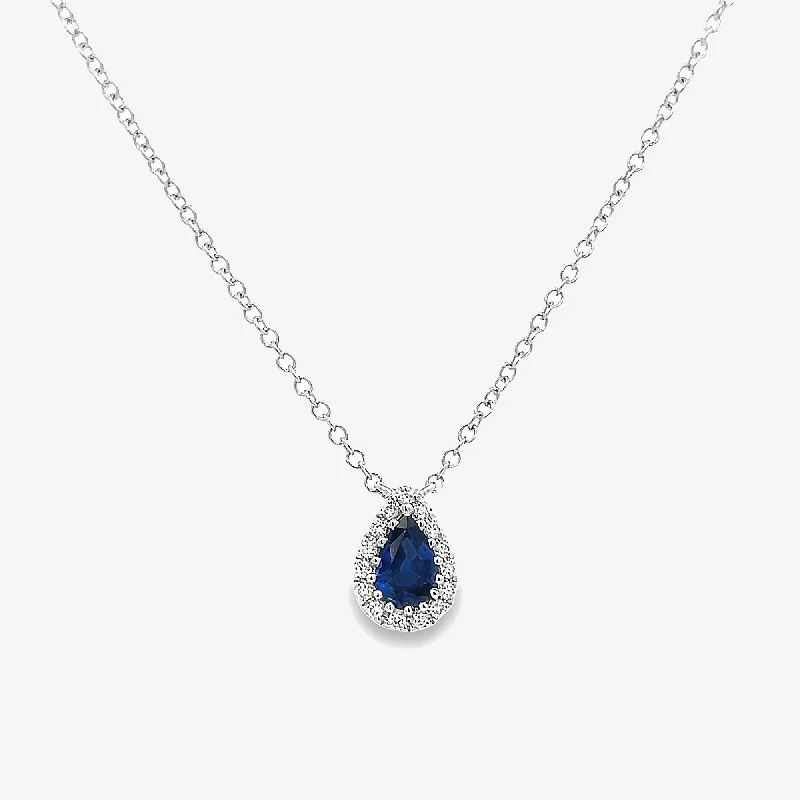 Crystal pendant necklaces for added glamour-Pear Shaped Blue Sapphire With Halo Necklace