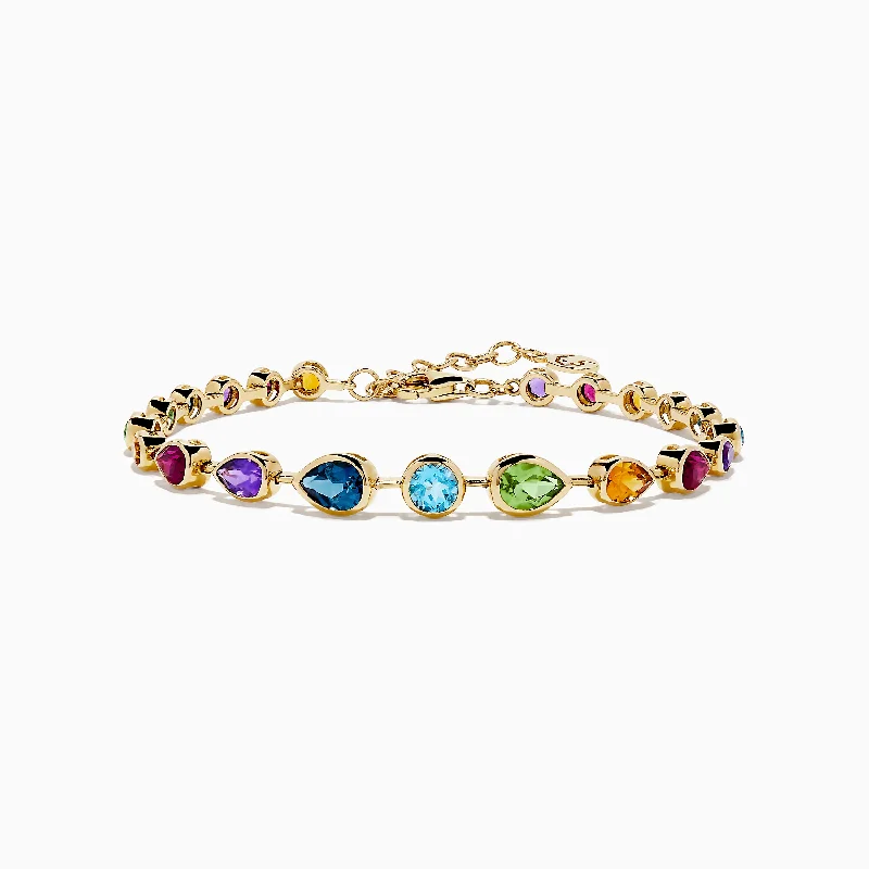 Simple chain bracelets for timeless appeal-Mosaic 14K Yellow Gold Bezel Set Multi Gemstone Adjustable Tennis Bracelet 7.0 TCW