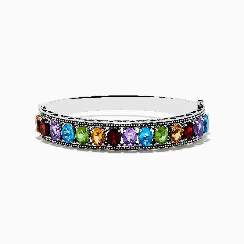 Friendship bracelets with charms for personalized style-Mosaic 925 Sterling Silver Multi Color Gemstone Bangle