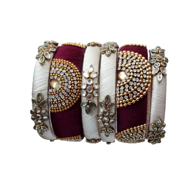 Elegant bangle bracelets for everyday style-Darshana Jewels Kundan Work Silk Thread Bangle Kada For Women Girls 6 PC Set Wedding & Festive Occasion Handmade (Maroon-Cream)