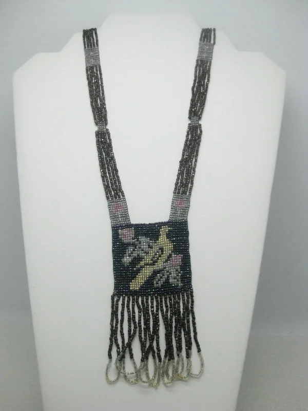 Statement pendant necklaces for bold fashion-1920's Seed Beaded Flapper Necklace, Bird & Floral Necklace, 32", 4" Looped Dangle