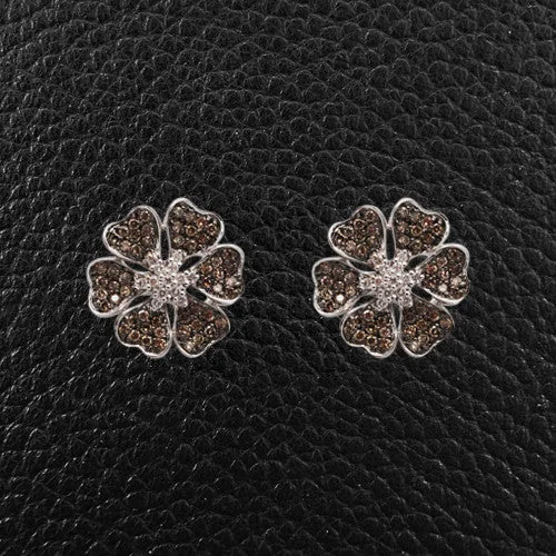 Adjustable stud earrings for a comfortable fit-White & Brown Diamond Flower Earrings