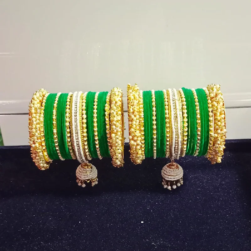 Gemstone bangles for colorful fashion-Pooja Bangles Gold Plated Austrian Stone And Pearls Velvet Bangles Set