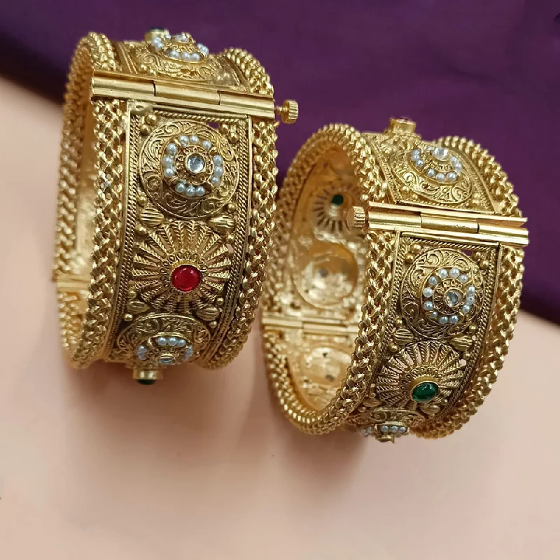 Classic wedding bangles for bridal accessories-NAFJ Gold Plated Pota Stone And Pearls Openable Bangles Set