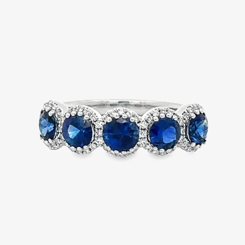 Personalized engravable rings for special occasions-Round Blue Sapphire & Diamond Halo Ring