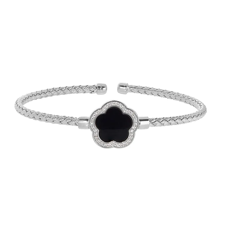 Minimalist bracelets for understated elegance-Rhodium Finish Sterling Silver Basketweave Cable Cuff  Bracelet with a Flower Shaped Onyx Stone and Simulated Diamonds