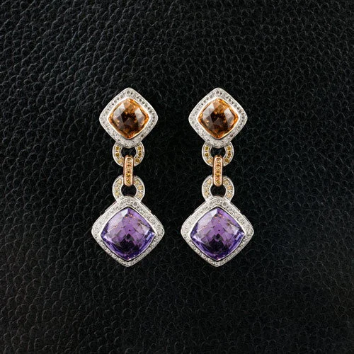 Geometric earrings for modern design lovers-Amethyst, Citrine & Diamond Dangle Earrings