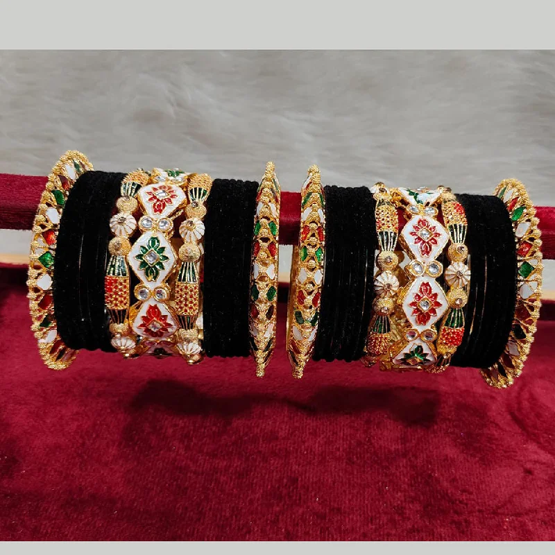 Elegant diamond-studded bangles for luxury-Pooja Bangles Gold Plated Kundan Stone And Velvet Bangles Set