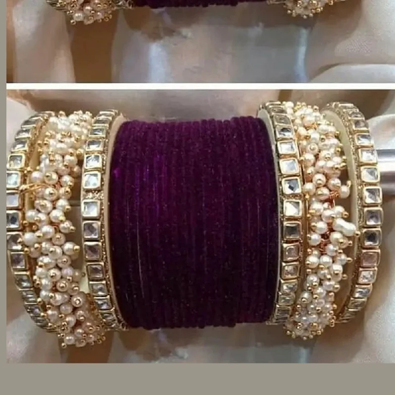 Modern geometric bangles for contemporary style-Martina Jewels Pack Of 6 Traditional Gold Plated Thread & Polki Pearl Bangles Set - BG-117