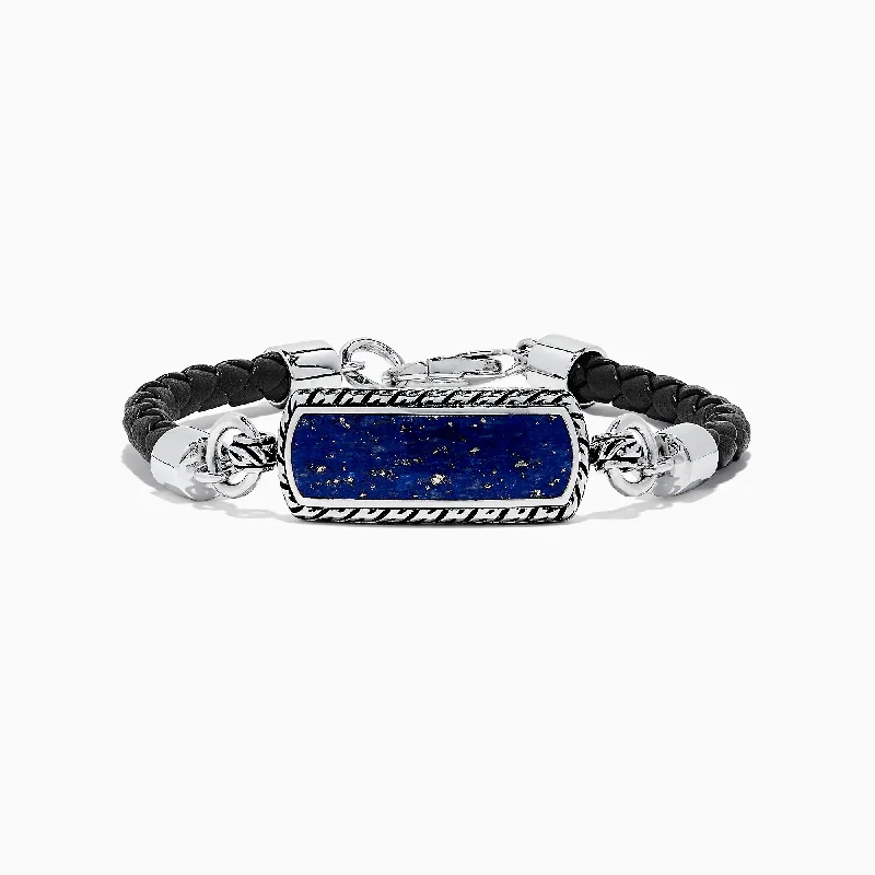 Personalized name bracelets for custom designs-Men's Sterling Silver Lapis Lazuli Woven Leather Bracelet, 7.00 TCW