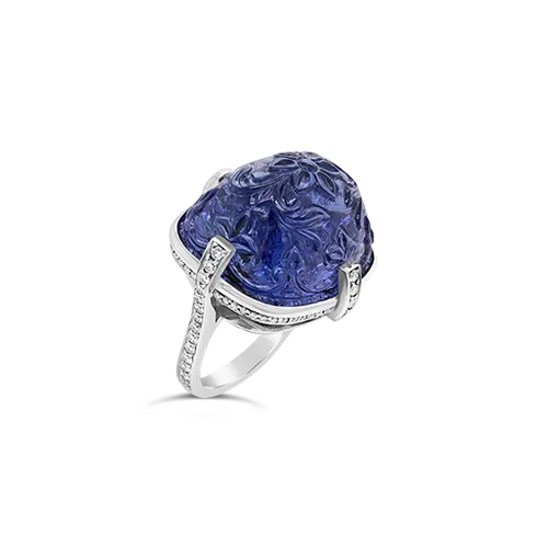 Men’s signet rings for bold, classic style-Carved Tanzanite & Diamond Ring