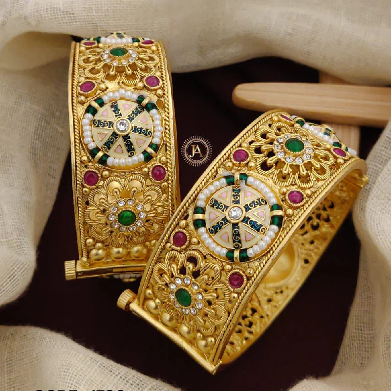 Double-row bangles for layered elegance-Neetu Art Gold Plated Pota Stone And Pearls Meenakari Openable Bangles Set