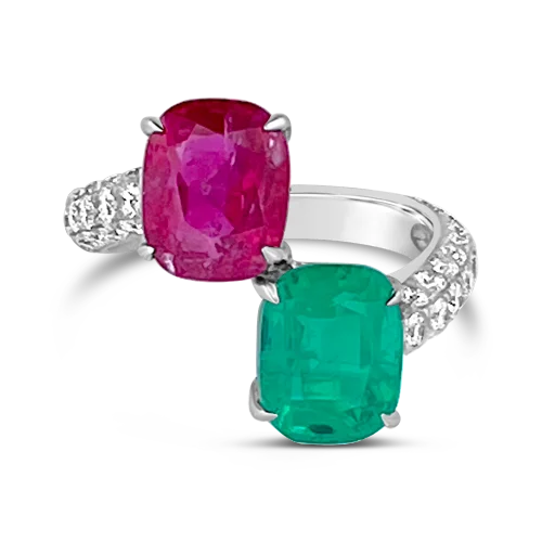 Elegant vintage rings for timeless style-Emerald, Ruby & Diamond Bypass Ring