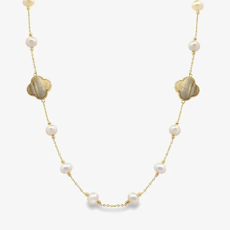 Gold necklaces for timeless elegance-Gray MOP Floral Stations & Pearl Necklace