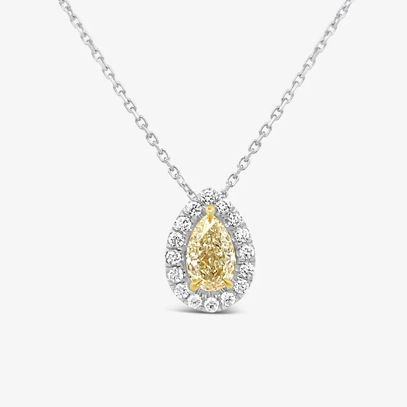 Engraved date necklaces for special occasions-Pear Shaped Yellow Diamond Halo Necklace