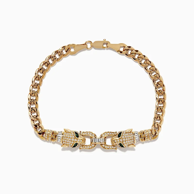 Gold-plated bracelets for affordable luxury-Signature 14K Yellow Gold Diamond and Emerald Panther Bracelet