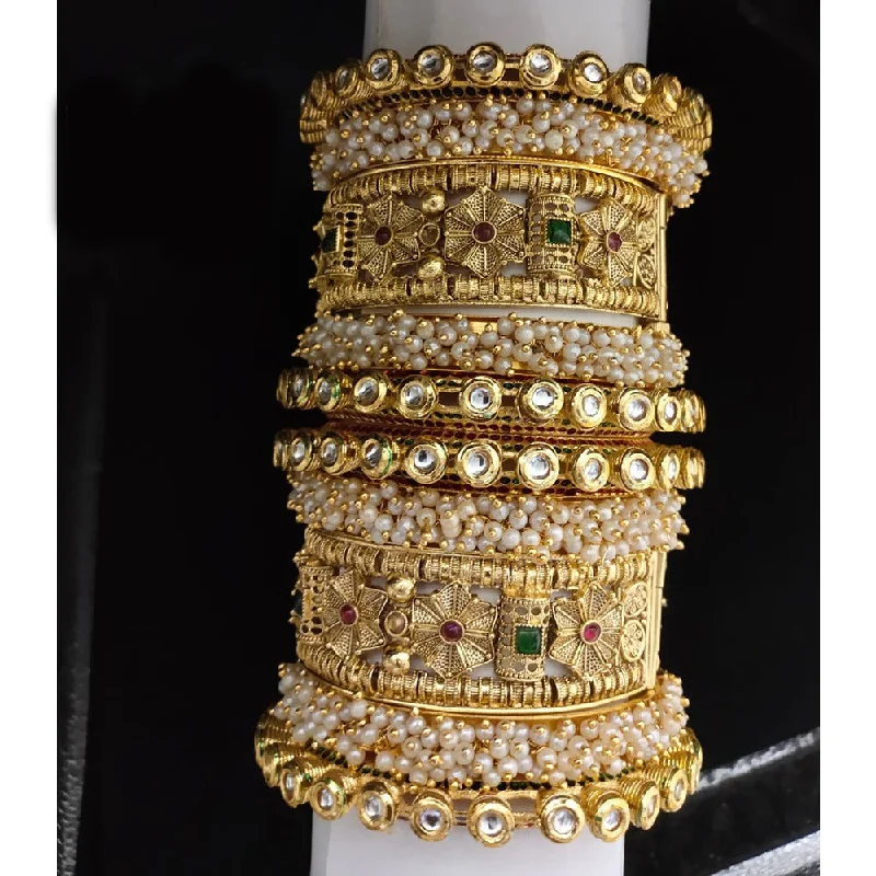 Traditional gold bangles for cultural occasions-Akruti Collection Gold Plated Pearl And Kundan Bangle Set