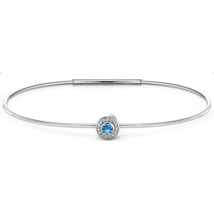 Elegant clasp bracelets for a secure and stylish fit-Platinum Finish Sterling Silver Round Simulated Blue Topaz Birth Gem Bracelet with Simulated Diamonds