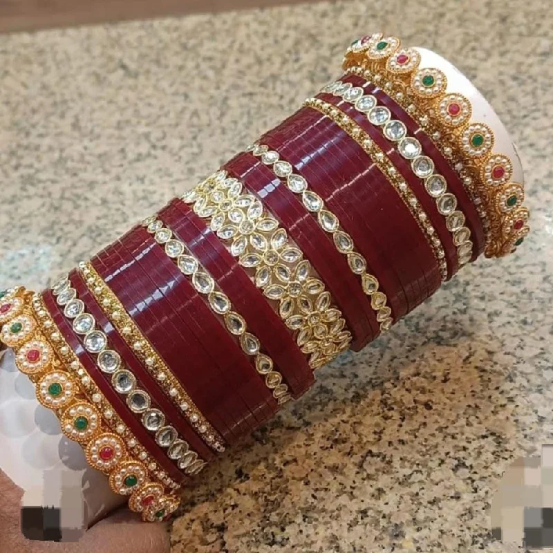 Simple cuff bangles for elegant style-Kavita Art Gold Plated Kundan Stone And Pearls Acrylic Bridal Bangle Set