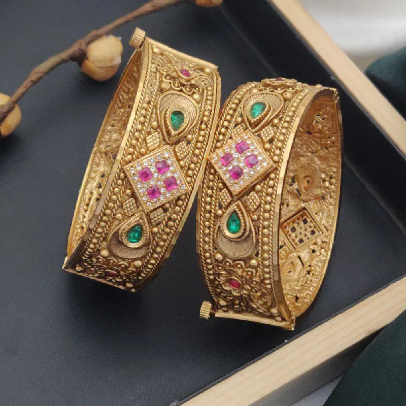 Bangles with engraving for sentimental value-Akruti Collection Gold Plated Pota Stone And Pearls Openable Bangle Set