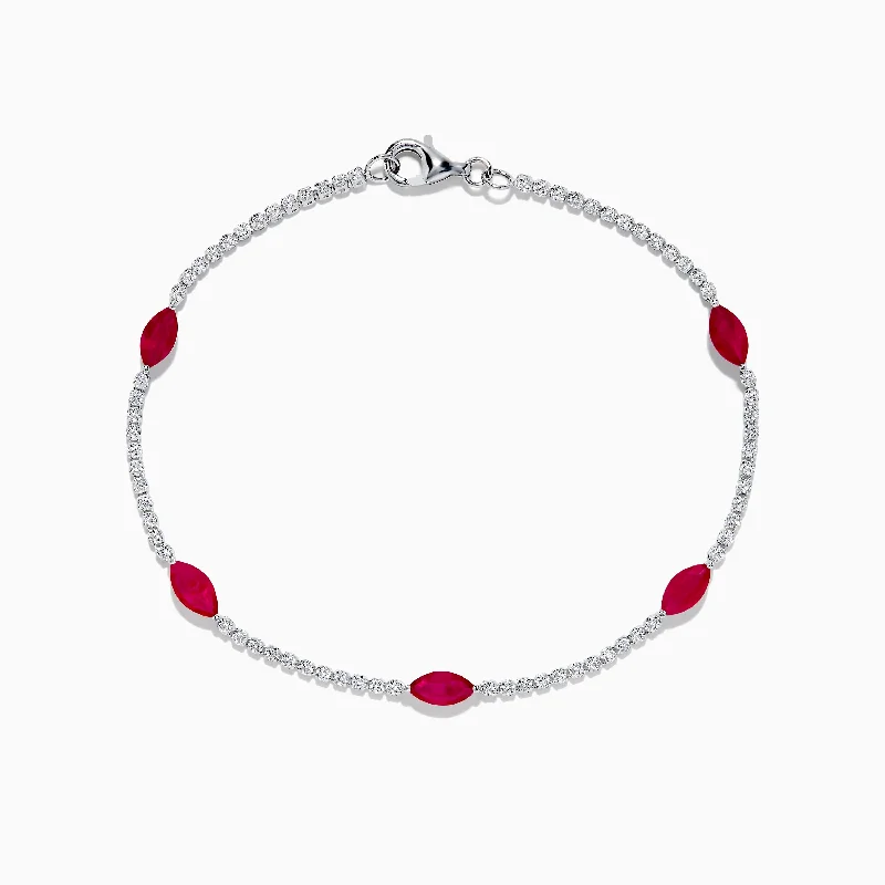 Stackable bracelets for trendy layered looks-Ruby Royale 14K White Gold Ruby and Diamond Station Bracelet