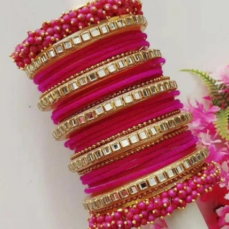 Brightly colored bangles for bold accents-Martina Jewels Pack Of 6 Traditional Gold Plated Thread & Mirror And Pearl Bangles Set - BG-109