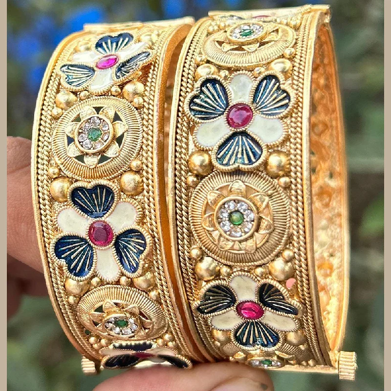 Open cuff bangles for chic simplicity-Neetu Art Gold Plated Pota Stone And Pearls Meenakari Openable Bangles Set