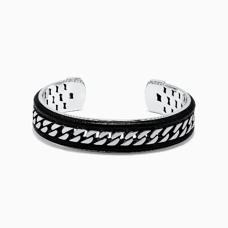 Friendship bracelets with initials for custom style-Men's Sterling Silver and Leather Cuff Bangle