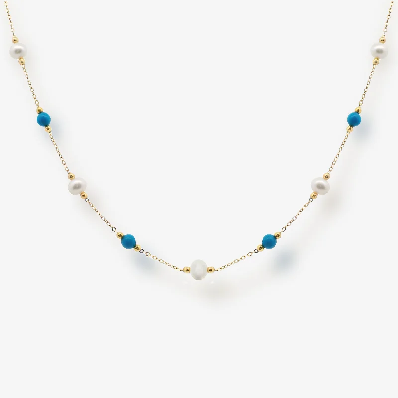 Custom engraved bar necklaces for unique style-5-5.5MM Pearl & Turquoise Station Necklace