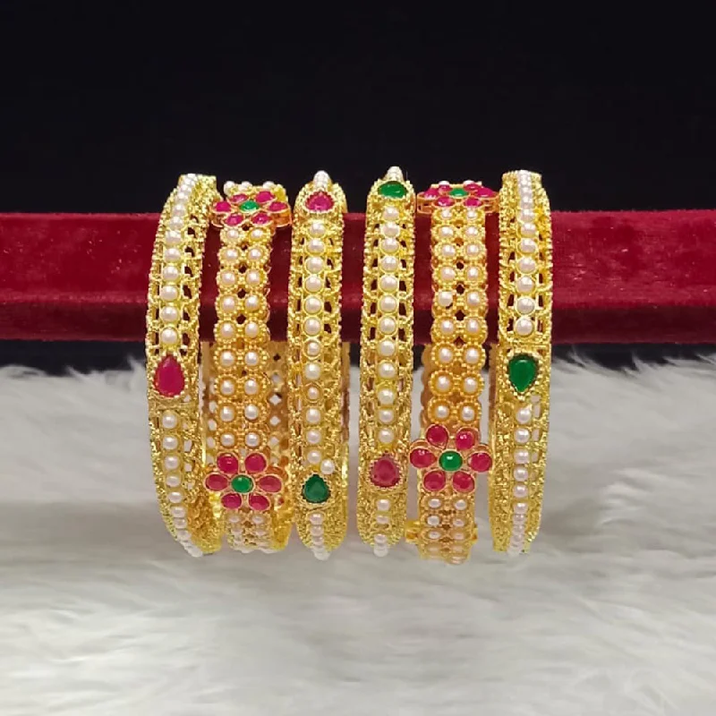 Open cuff bangles for chic simplicity-Pooja Bangles Gold Plated Pota Stone And Pearls Bangles Set