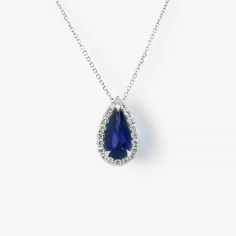 Gemstone choker necklaces for colorful flair-3.03CT Pear Shaped Sapphire & Diamond Halo Necklace