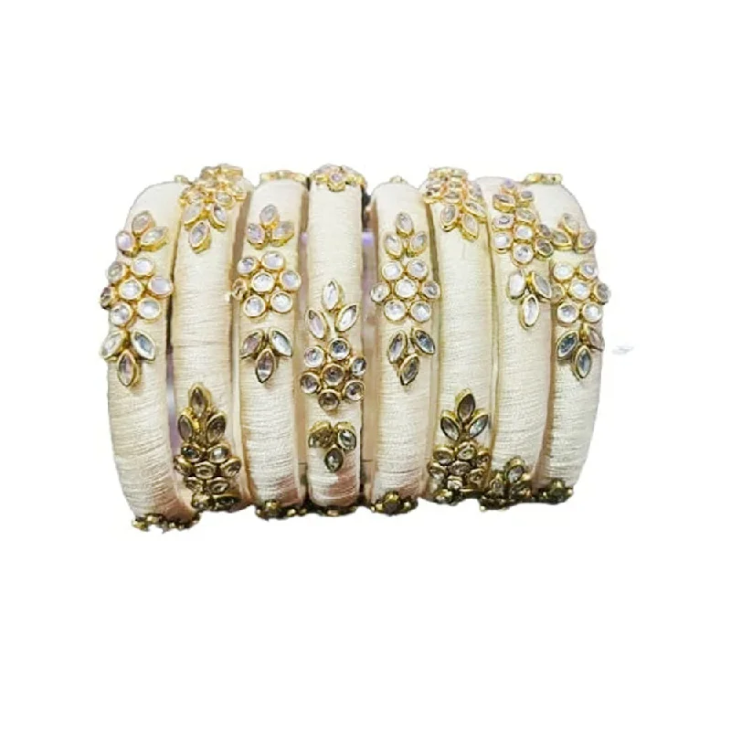 Custom bangles with initials for personalized gifts-Darshana Jewels Kundan Work Silk Thread Bangle Kada For Women Girls 8 PC Set Wedding & Festive Occasion Handmade (Cream)