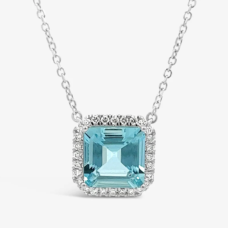 Birthstone necklaces for personalized gifts-7.86CT Aquamarine and Diamond Halo Necklace