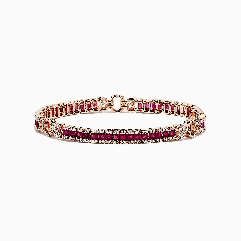 Vintage beaded bracelets for a retro vibe-Ruby Royale 14K Rose Gold Princess Cut Ruby and Diamond Tennis Bracelet, 7.66 TCW