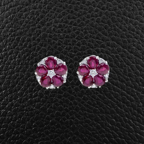 Custom engraved birthstone earrings for family gifts-Ruby & Diamond Cluster Earrings