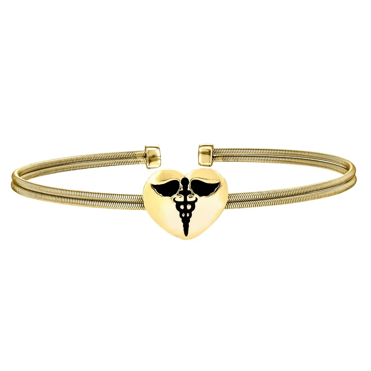 Beaded stretch bracelets for easy wear-Gold Finish Sterling Silver Two Cable Cuff Bracelet with a Centeral Heart with a Caduceus.