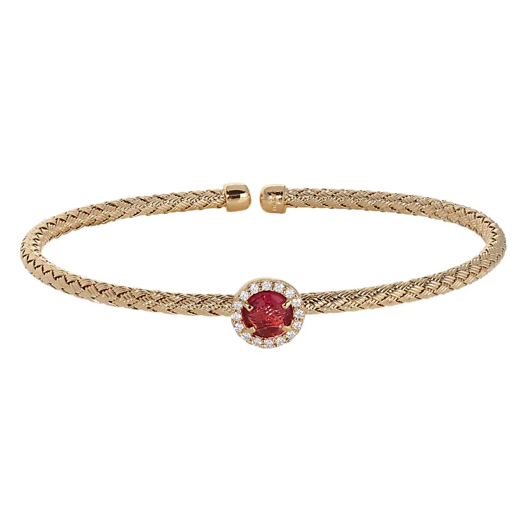 Rubber bracelets for sporty looks-Gold Finish Sterling Silver Basketweave Cable Cuff  Bracelet with a Round Pink Stone and Simulated Diamonds