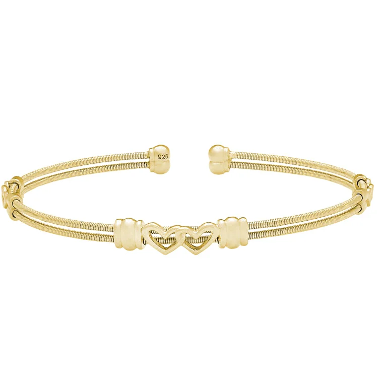 Friendship bracelets with charms for personalized style-Gold Finish Sterling Silver Two Cable Cuff Bracelet with Two Linked Hearts