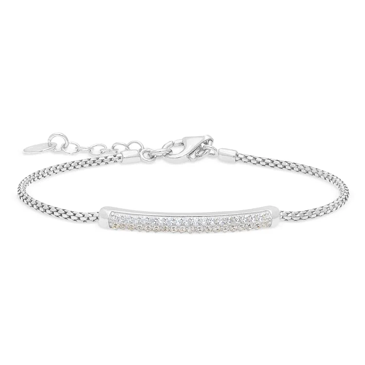 Personalized charm bracelets for thoughtful gifts-Platinum Finish Sterling Silver Micropave Bracelet with Two Rows of Simulated Diamonds - 7"-8" Adjustable Rounded Box Chain