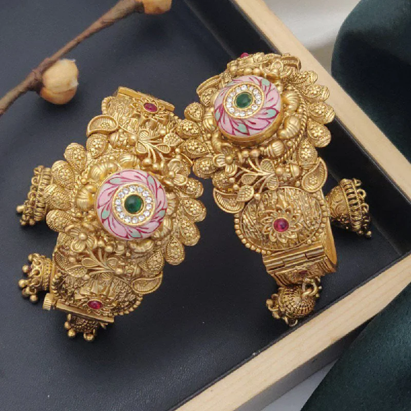 Simple gold bangles for classic elegance-Akruti Collection Gold Plated Pota Stone And Meenakari Openable Bangle Set