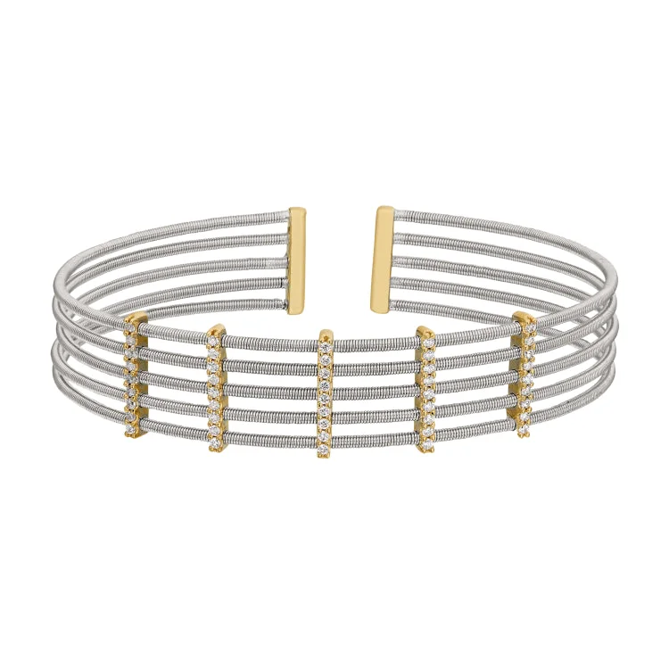 Classic chain bracelets for versatile style-Rhodium Finish Sterling Silver Multi Cable Cuff Bracelet with Gold Finish Simulated Diamond Vertical Bars