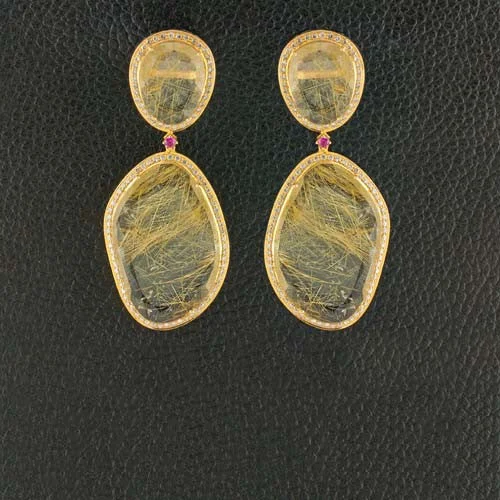 Geometric earrings for modern design lovers-Rutilated Quartz & Diamond Earrings