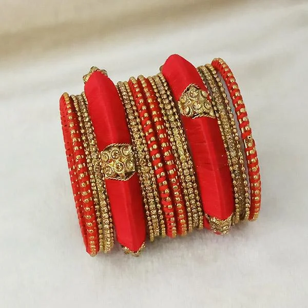 Personalized engraved bangle sets for matching gifts-Sejal Gold Plated Red Austrian Stone Thread Bangle Set - 1403726_2.4