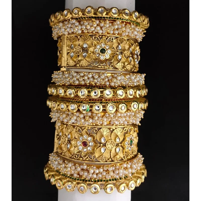 Artisanal bangles for handcrafted elegance-Akruti Collection Gold Plated Pearl And Kundan Bangle Set